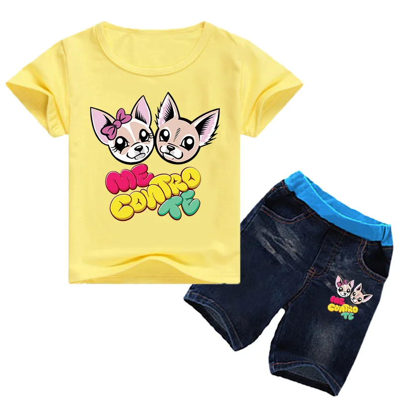

summmer boys girl set cartoon hot stamping printing jeans children's clothing set 0382 cat-ear puppys