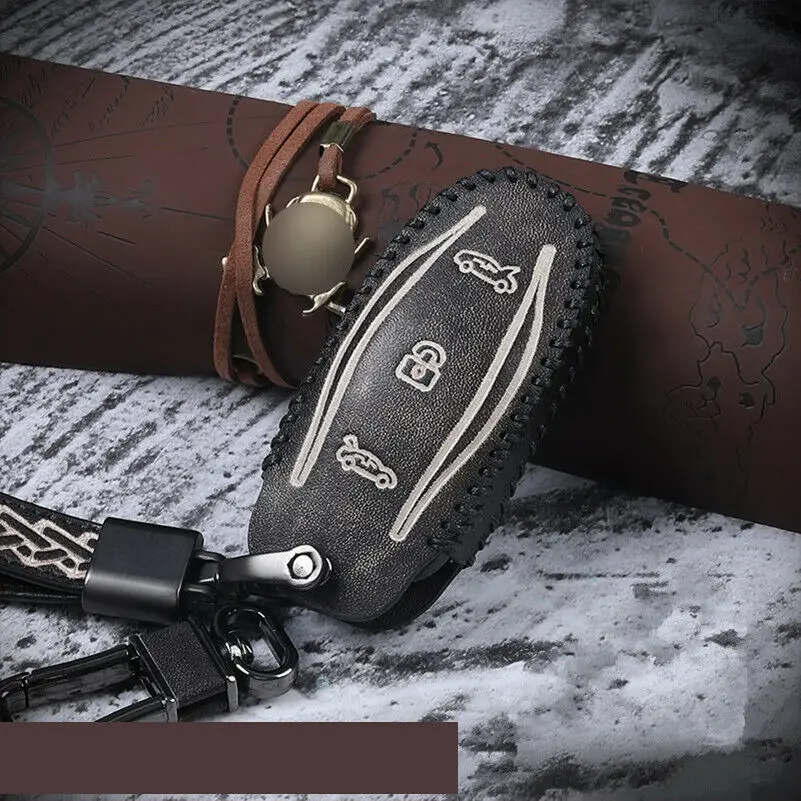 

Vintage Leather Car Key Fob Case Cover Holder Bag Keychain Accessory For Tesla Model X 2016-2020