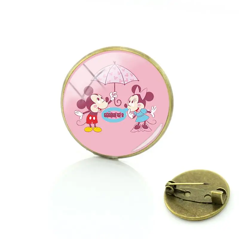 

Disney Mickey Minnie Couple Avatar Brooch Pink Cartoon Animation Glass Cabochon Men Women Brooch Temperament Christmas Gifts