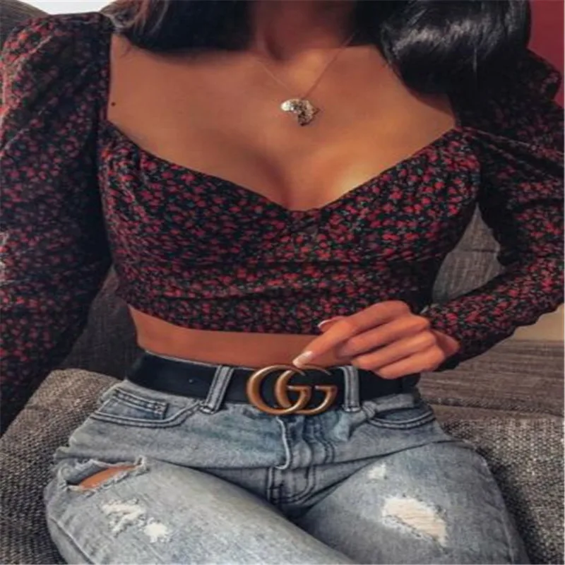 Женская футболка весна 2020 винтажный горошек квадратный вырез оборки Длинные