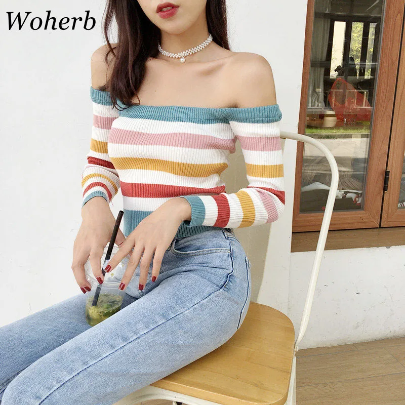 Woherb 2022 осенние пикантные топы с открытыми плечами Женский вязаный свитер