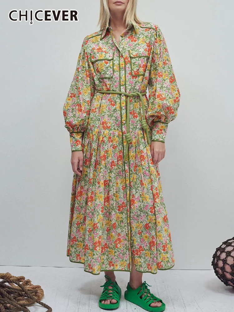 

Женское платье с принтом CHICEVER, свободное однобортное платье средней длины с воротником-стойкой и длинным рукавом, одежда для 2021