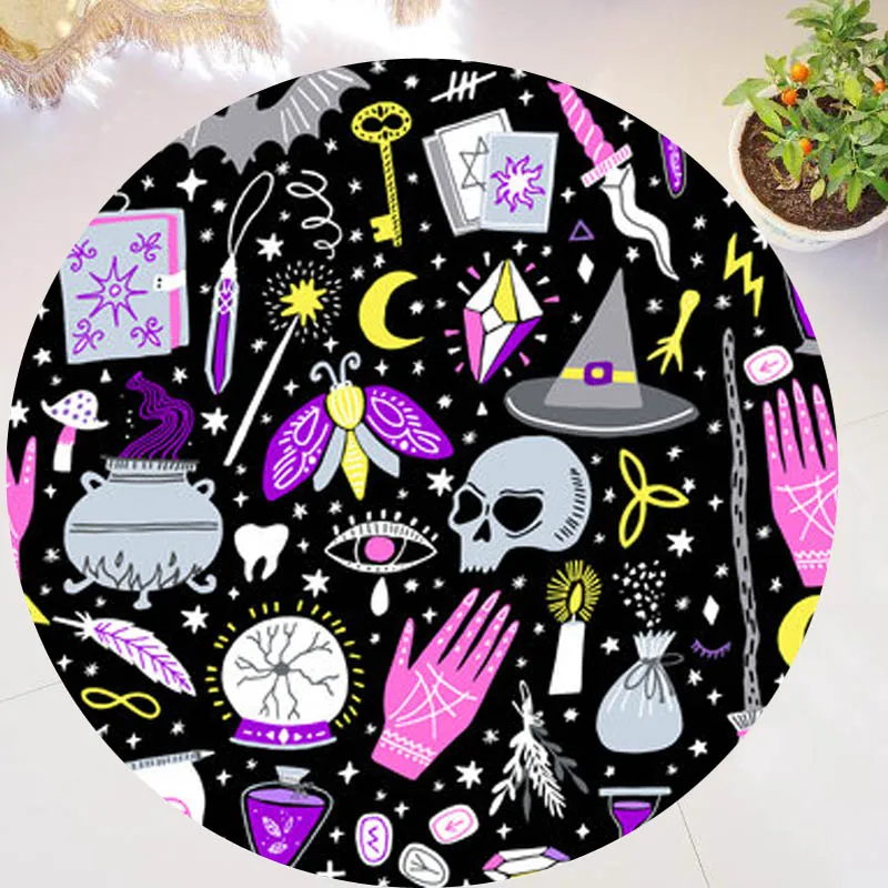 

Girly Bohemian Black Alchemy Magic Witch Witchcraft Round Rug Carpet for Living Room Halloween Skull Tarot Bedroom Doormat Decor