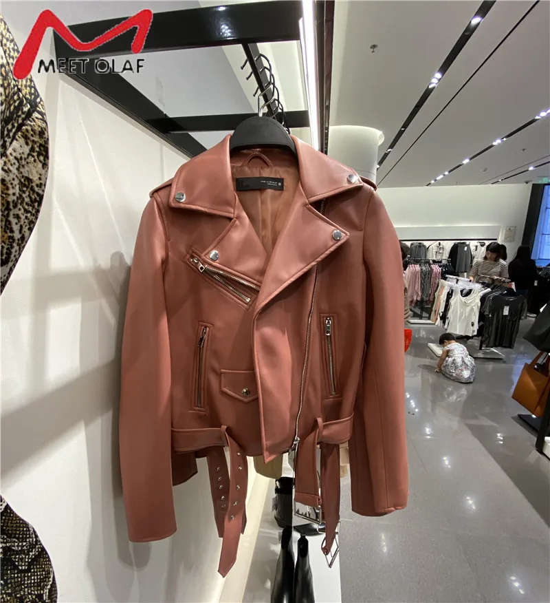 Весна-Осень 2020 Женская куртка из искусственной кожи с поясом белая черная на