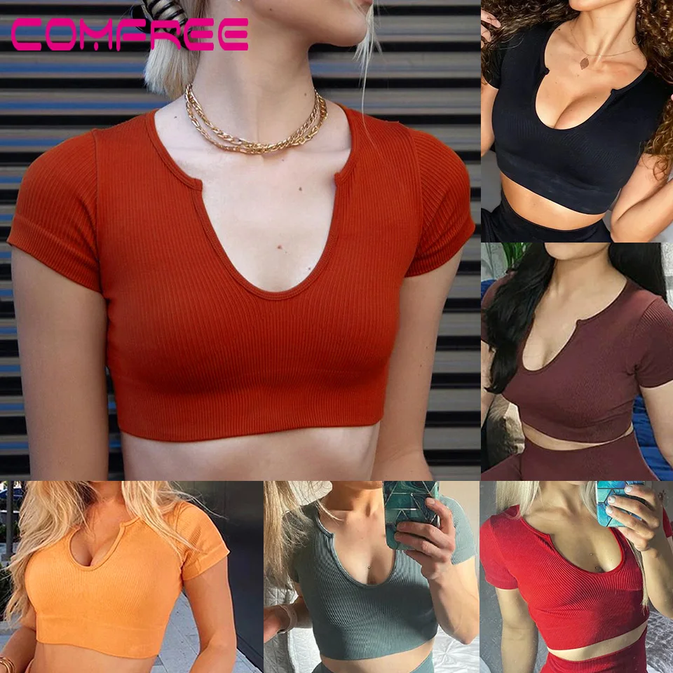 

Women Yoga Tops Summer Short Sleeve Workout Shirts Ribbed Notch Neckline T-Shirt for Athletic Fitness Running Tank Crop Tops