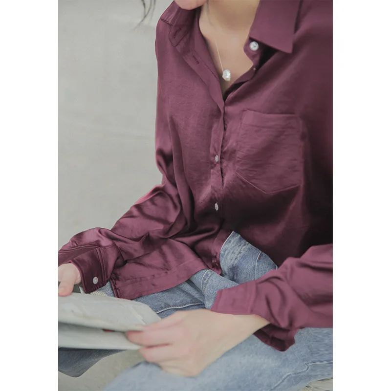 Осенняя атласная шелковая женская блузка элегантная однотонная