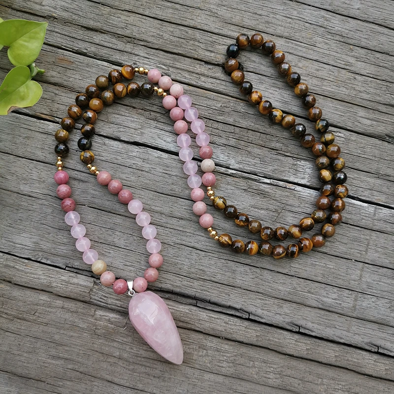 8mm Natural Stone Beads Rose Quartz Tigers Eye Pink Love JapaMala Sets Spiritual Jewelry Meditation Inspirational 108 Mala | Украшения и