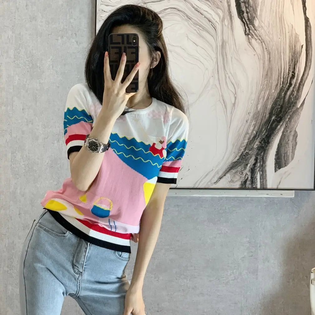 

2021 summer new pattern pink mosaic ice silk T-shirt short sleeve T-shirt for women