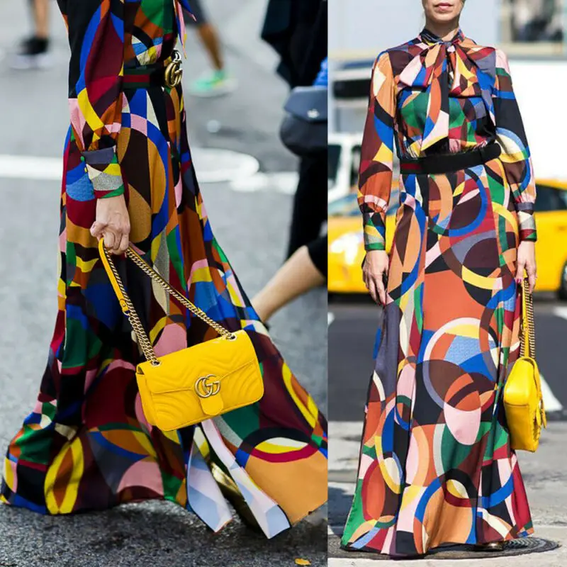 Spring Autumn Winter Women Vintage Dress Elegant Casual Fashion Long Print Bow Collar Split Maxi Plus Size | Женская одежда