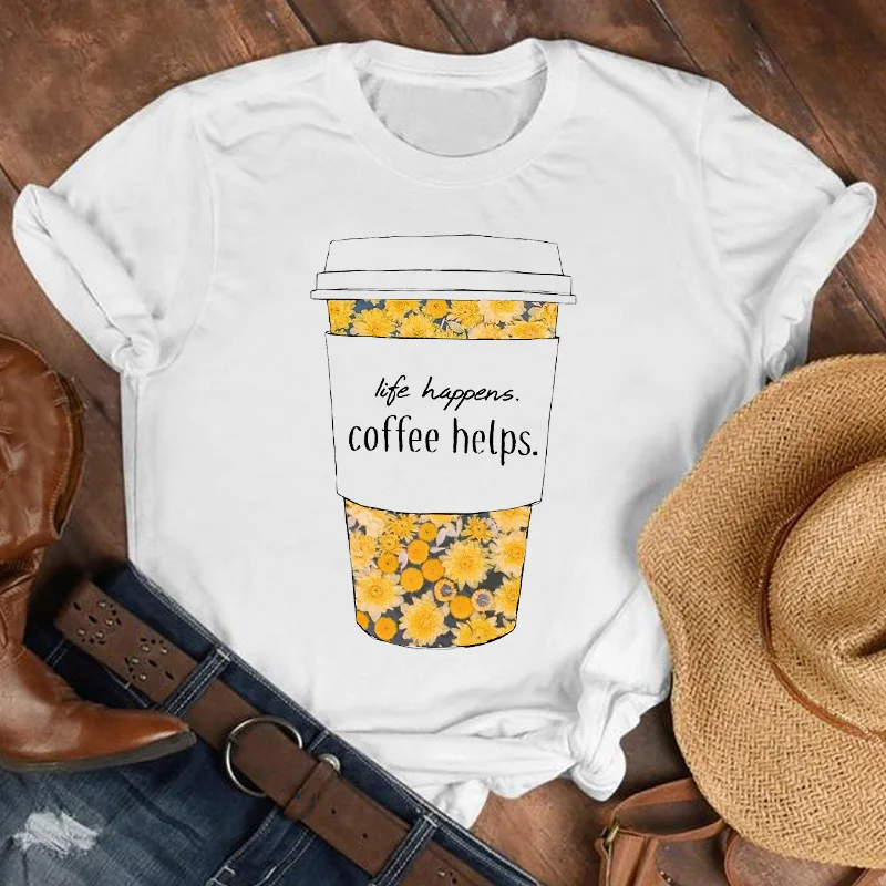 

Women Lady Cartoon Coffee Cup Cute Floral Fashion Summer Fall Shirt Clothes Tshirt Tee Womens Top Female Print T Graphic T-shirt