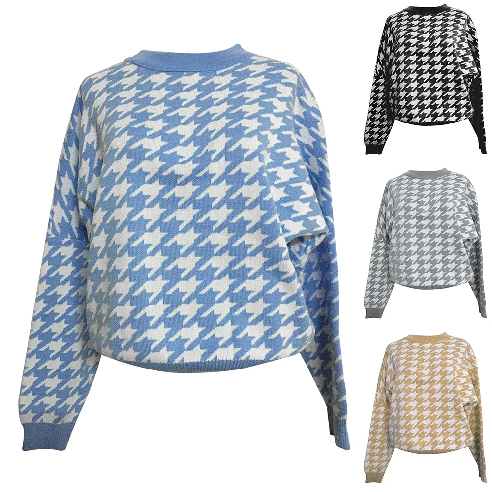 

2021 Geometric Khaki Knitted Sweater Women Autumn Winter Round Neck Female Casual Houndstooth Pullover Sweater Retro Ladies Top