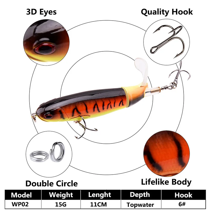 

8Pcs Whopper Plopper 11Cm 15G Floating per Fishing Lure Artificial Hard Bait Wobbler Rotating Tail Fishing Tackle 3D Eyes