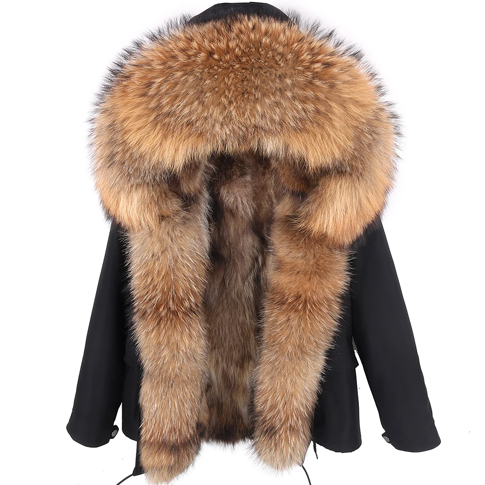 Winter Real Fur Coat Women Natural Fur Jacket Oversized Raccoon Fur Collar Hooded Casual Streetwear Waterproof Parkas