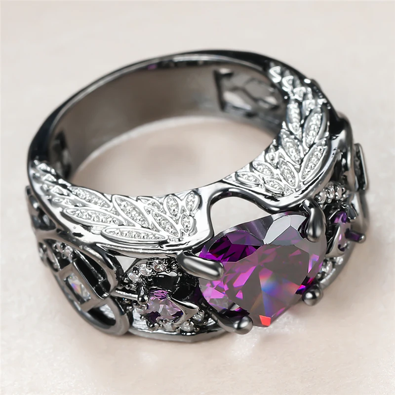

Vintage Female Purple Heart Crystal Ring Charm 14KT Black Gold Wedding Rings For Women Luxury Angel Wing Zircon Engagement Ring