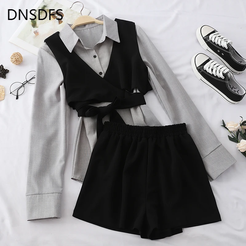 

2020 Autumn New Fashion Bandage Vest Casual Turn Down Collar Long Sleeve Shirt and Short 3pcs Sets Women Suits Harajuku Clothes