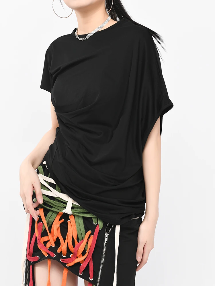 

[EAM] Women Black Irregular Pleated Big Size Casual T-shirt New Round Neck Half Sleeve Fashion Tide Spring Summer 2021 JT61601