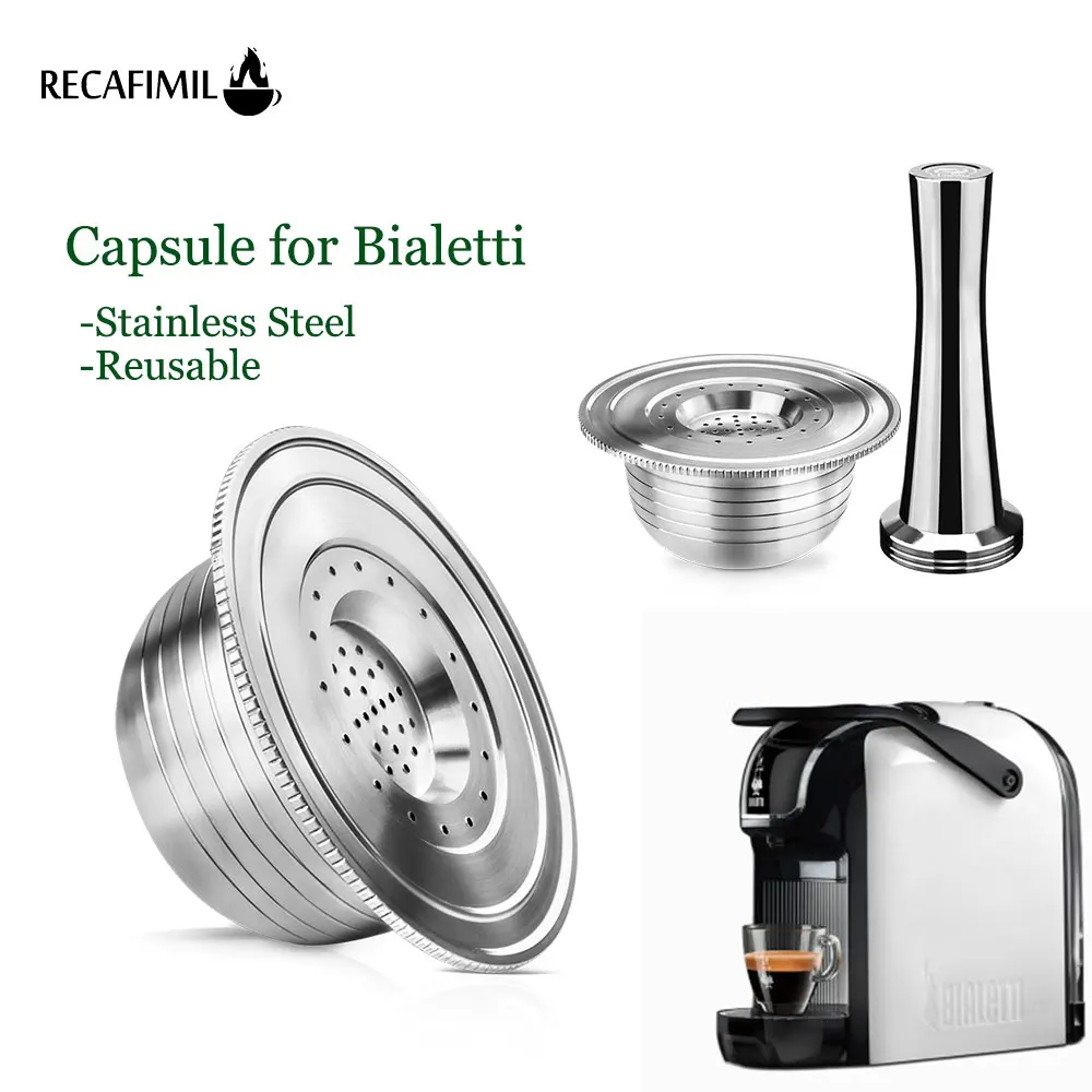 

Recafimil Refillable Coffee Filters for Bialetti Coffee Maker Stainless Steel Reusable Coffee Capsule Pod Crema Cup with Tamper