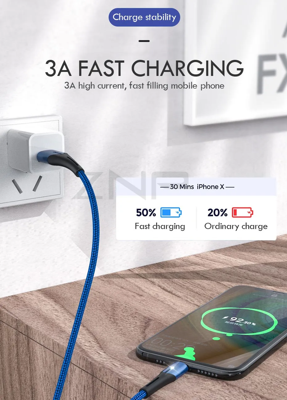 ZNP светодиодный кабель usb type-C для samsung S10 huawei P30, кабель для быстрой зарядки мобильных телефонов для Redmi Note 8 7, кабель для зарядки type-C