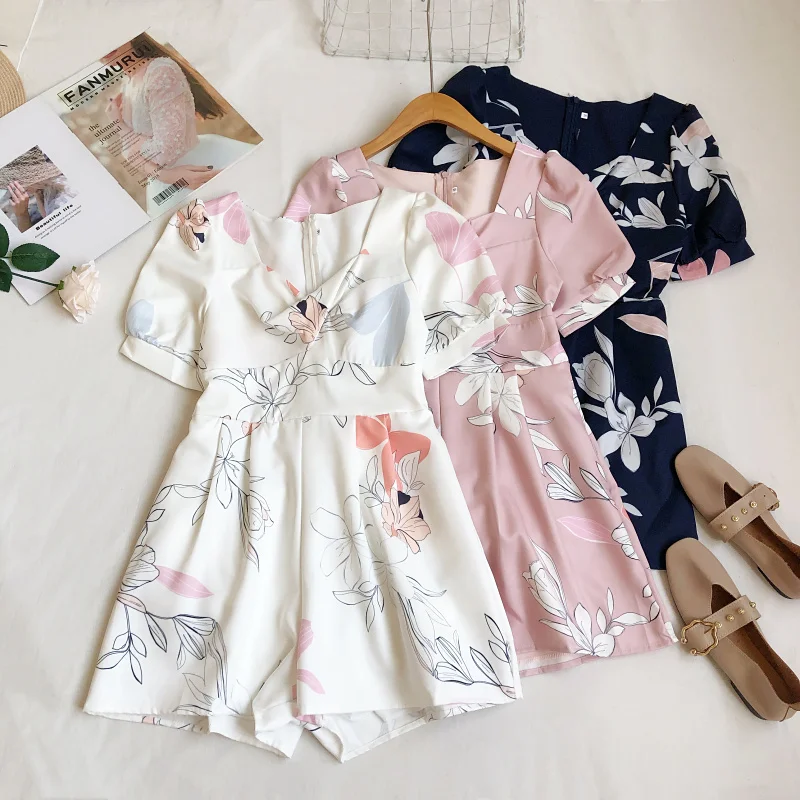 

New Women Playsuit Regular Printed Floral Thin Short Sleeves Playsuit Ladies Casual Romper Overalls Wide-leg-shorts Jumpsuits