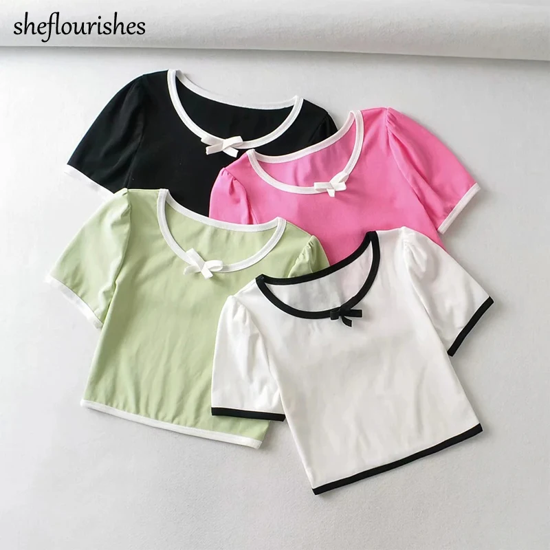 

Fashion t shirt women patchwork top summer short sleeve tees kawaii o neck crop top t shirt slim white black shirts pink bow tie
