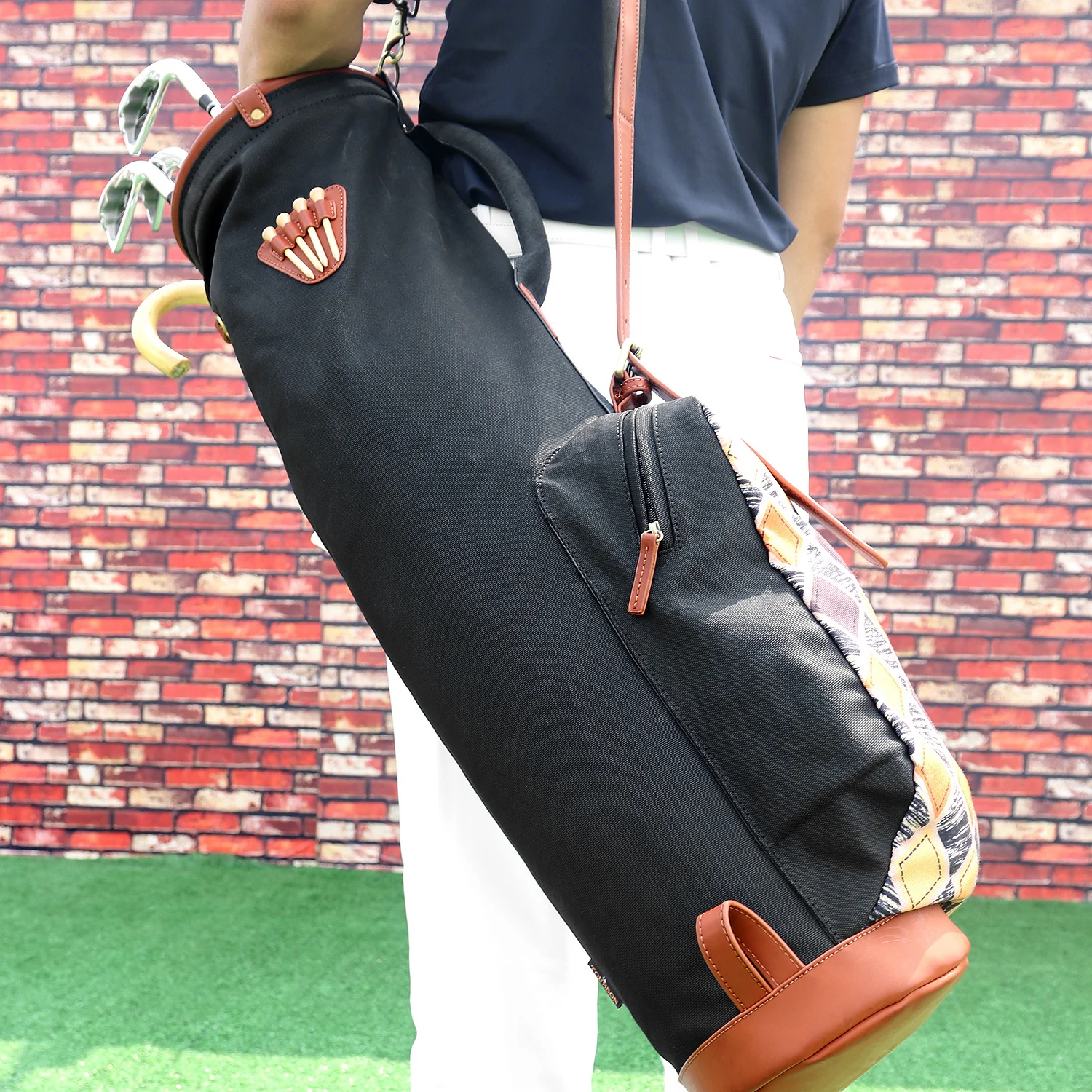 Tourbon Golf Sunday Bags Club Bag Sticks Carrier Case Cover Canvas & Leather w/Pocket Golf Driving Range Bags 83CM