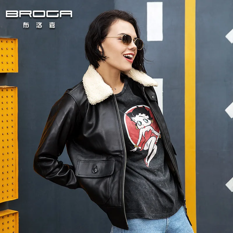 Leather dress women's Sheepskin Haining G1 air force flight suit, jacket, women's long-sleeved Lapel and cotton black winter coa