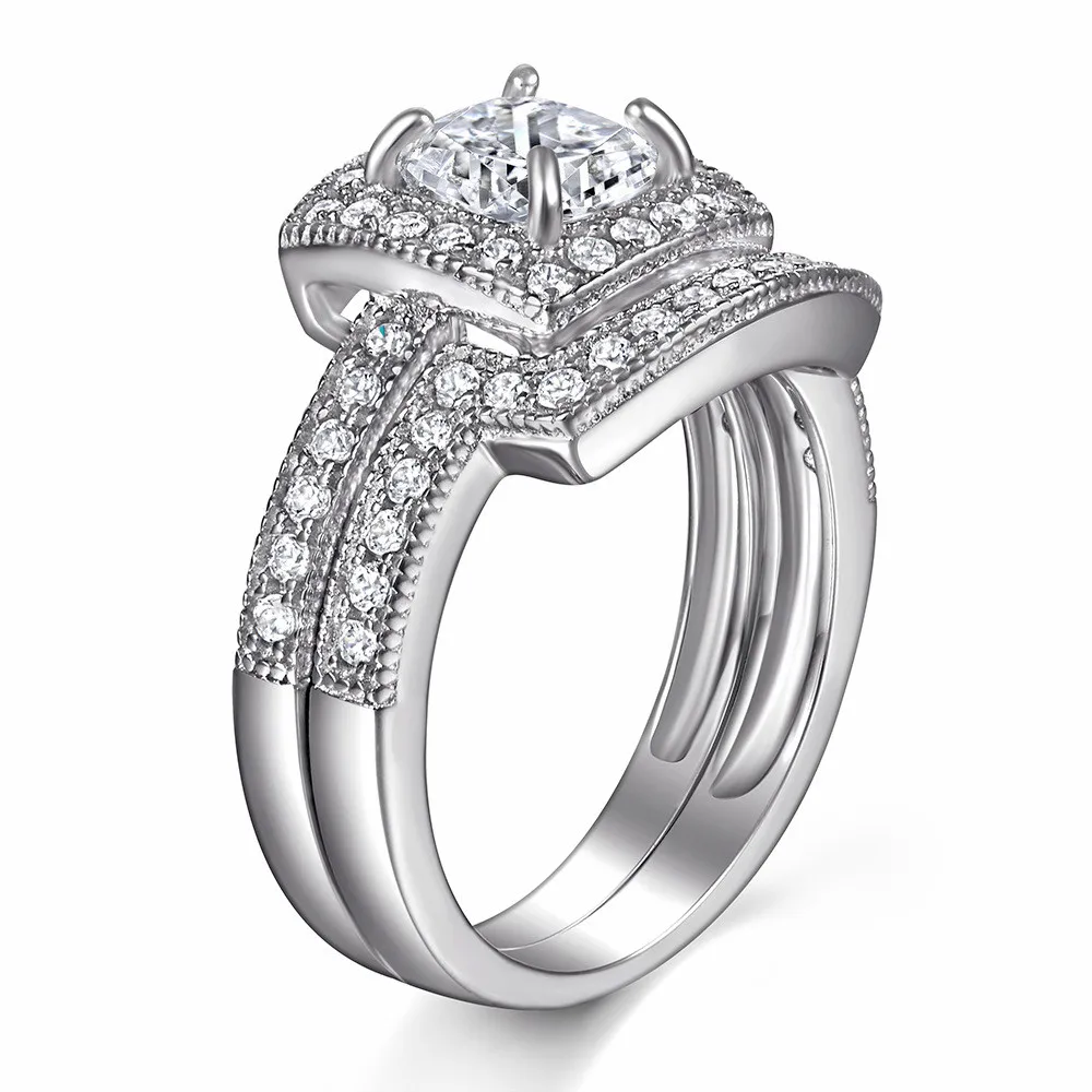 

COLORFISH Real 925 Sterling Silver Wedding Rings Set Princess Shape 1.25ct Cubic Zirconia Jewelry For Women Halo Sona Bride Gift