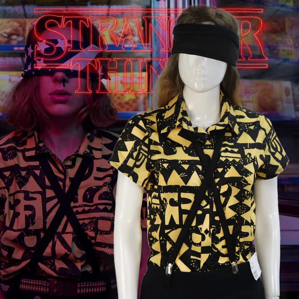 

2019 Stranger-Things 3 ELEVEN Yellow Blouse Shirt + Blindfold + Suspender Women Cosplay Battle Costume Halloween Party Dress-up