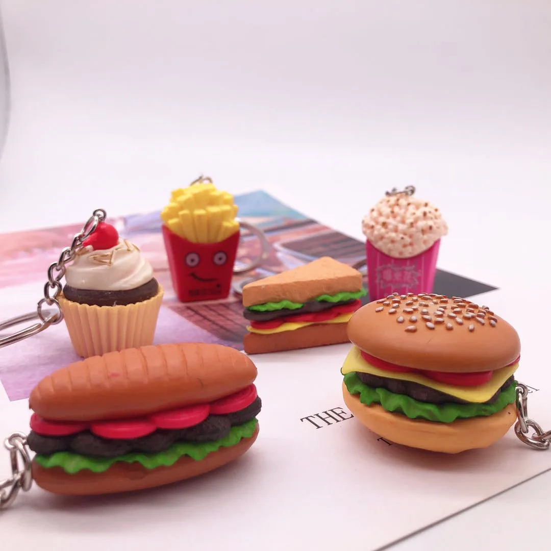

Creative Hamburg Keychain Mini Cartoon Kawaii French Fries Popcorn Simulation Props Model Keyring Bag Car For Women Man Holder