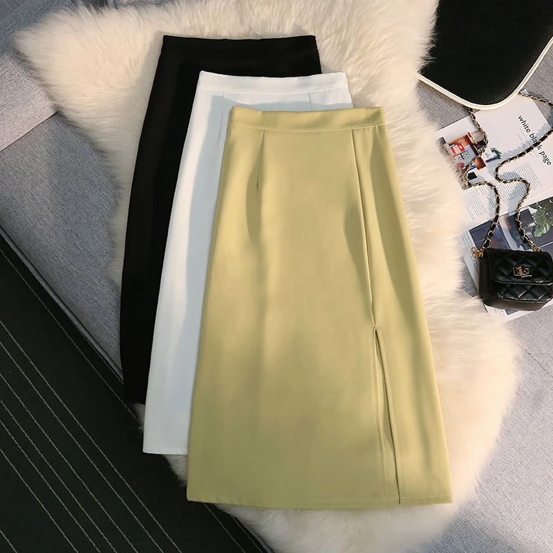 

Elegant Lady Designers Summer Fashion High Waist Solid Color Aline Midi Office Skirts Women