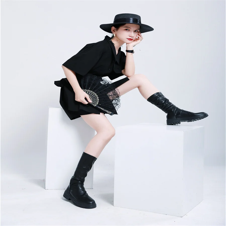 

2021Summer Palace style ruffled girdle waist closure two-wear irregular dress French t-shirt black white women top