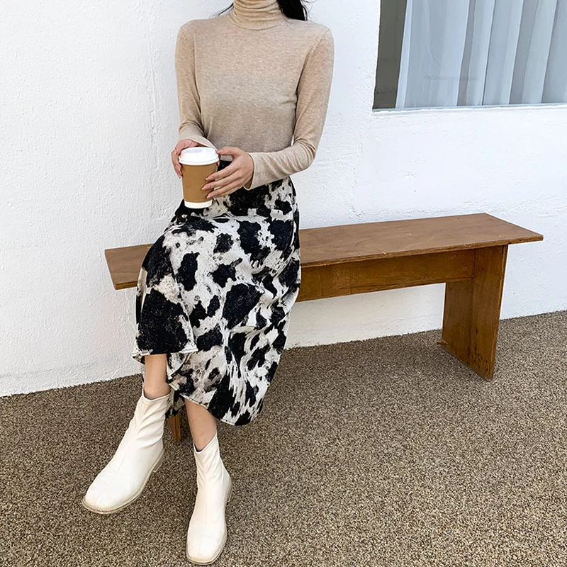 

ZAWAHIKI Milk Pattern Vintage Patchwork Women's Skirts 2021 Spring Ankle-length A-line High Waist Fashion Elegant Mujer Faldas