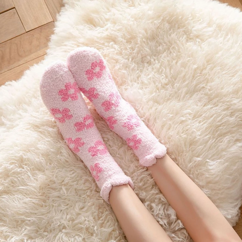 Women Winter Coral Velvet Fuzzy Slipper Socks Sweet Floral Jacquard Solid Color Microfiber Cozy Warm Sleeping Hosiery | Женская одежда