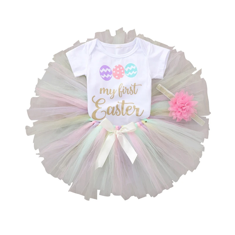 

Newborn Baby Girl Clothes Sets 3pcs My First Easter Letter Printed Romper Tops and Mesh Tutu Skirt Set with Headband