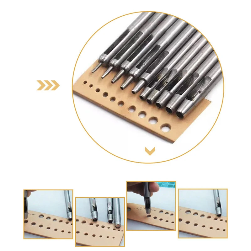 

10pcs Leather Round Punches Kit Belt Strap Hole Punching Tool DIY Hand Bag Carving Die Cutter Craftwork Slotting Chisel Supplies