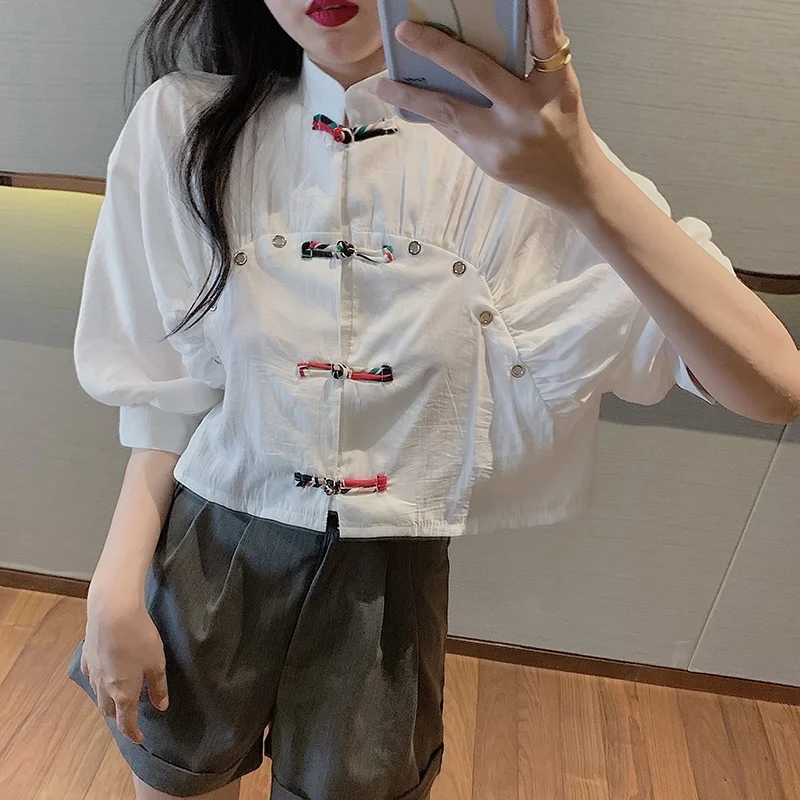 

Chinese Style Clothing Women Fashion 2021 Puff Sleeve Crop Top Tang Suit White Mandarin Collar Sweet Shirt Cheongsam Top FF3365