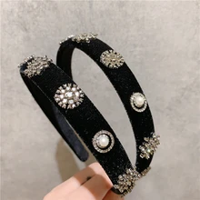 Bandeau de luxe en velours avec strass noir pour femmes, Star de la télévision coréenne, perle simulée, épingle à cheveux Simple, bandeau de mariage en Satin  (4)