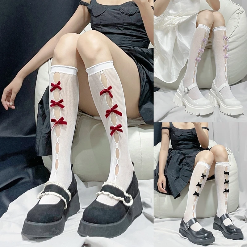 

Женские и женские ажурные сетчатые носки до икры, милые маленькие бархатные чулки в стиле "Лолита" с бантом