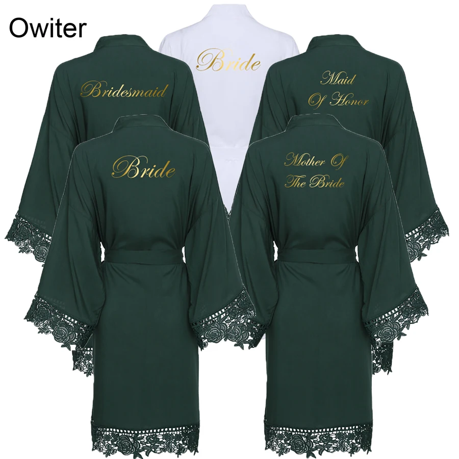 Owiter 2019 New Dark Green Cotton Kimono Bride Bridesmaid Robes w/ Lace Trim Women Wedding Bridal Robe Bathrobe Sleepwear White