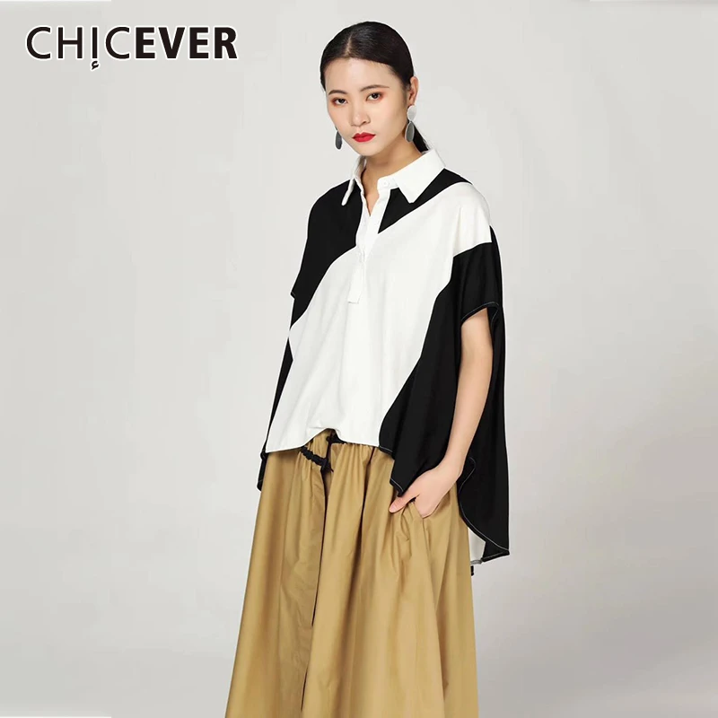 CHICEVER Весенняя Повседневная Лоскутная цветная женская футболка с отворотом и