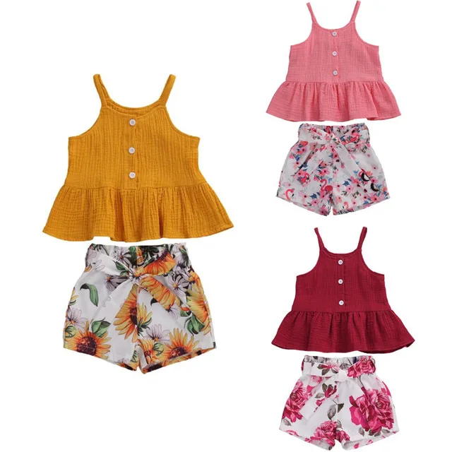 

Infant Baby Girls Outfit Summer Solid Flouncing Sleeveless Suspender Top + Flower Shorts Set