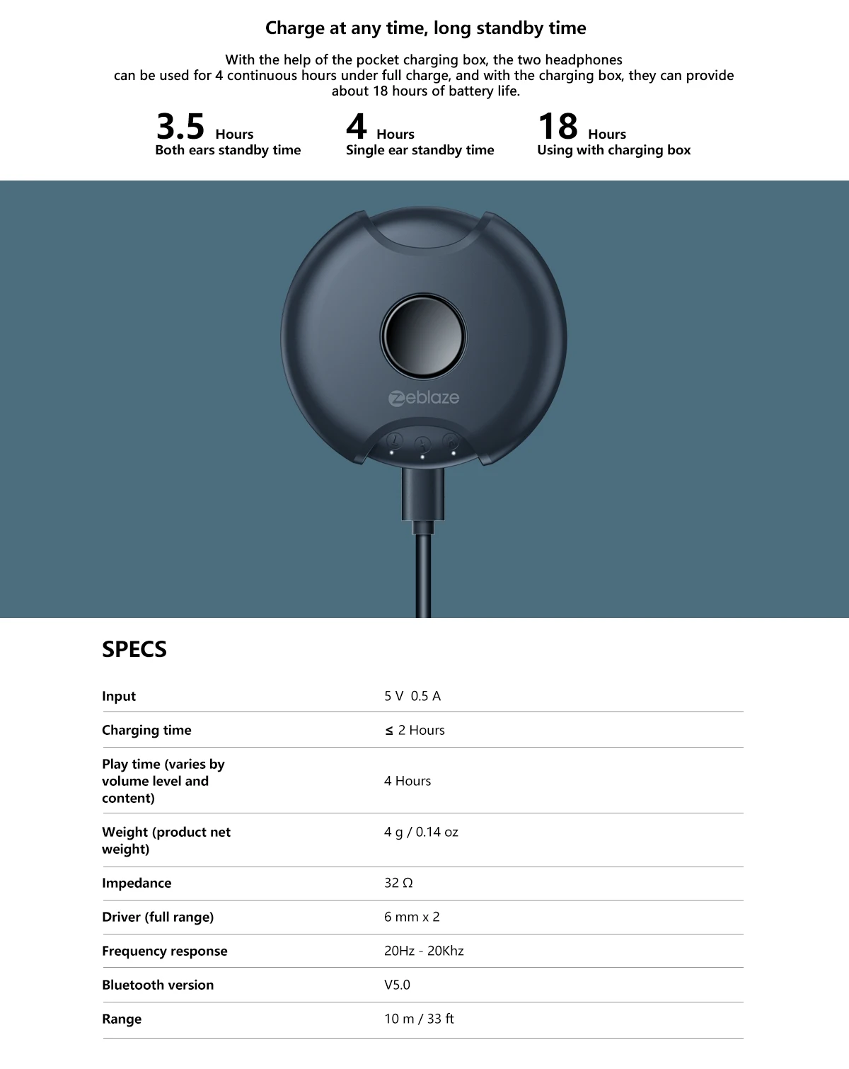 Zeblaze Zepods™Полностью беспроводные наушники Bluetooth 5,0 вращение на 360 ° дизайн IPX5 Водонепроницаемый 18 часов Срок службы батареи Быстрая зарядка