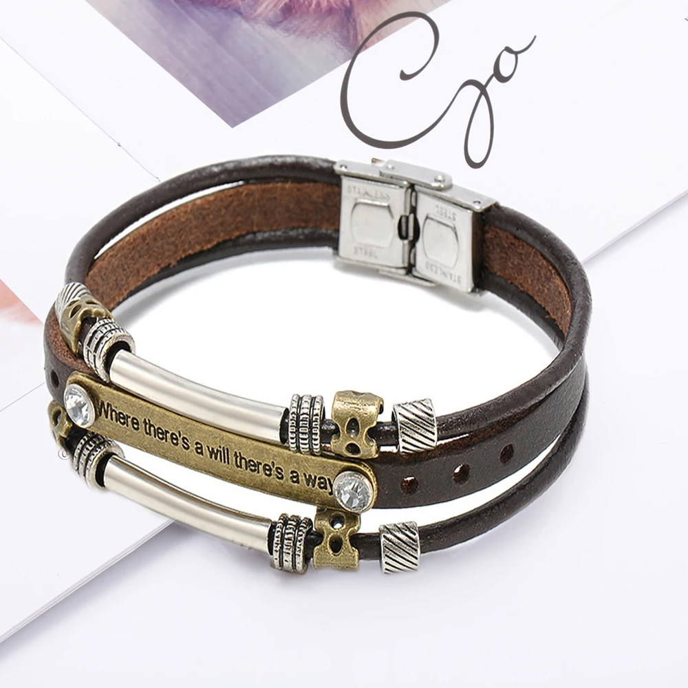 Многослойный мужской кожаный браслет с гравировкой из нержавеющей стали