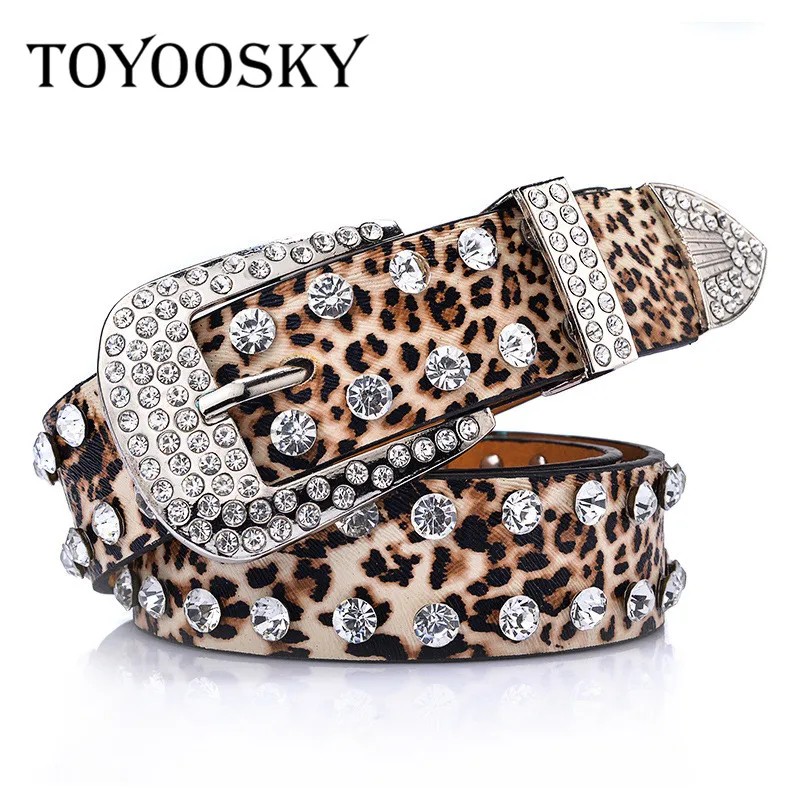 

European Style Luxury Women's Rhinestone Leopard Print Belt D Shape Metal Buckle Adjustable Belt for Women