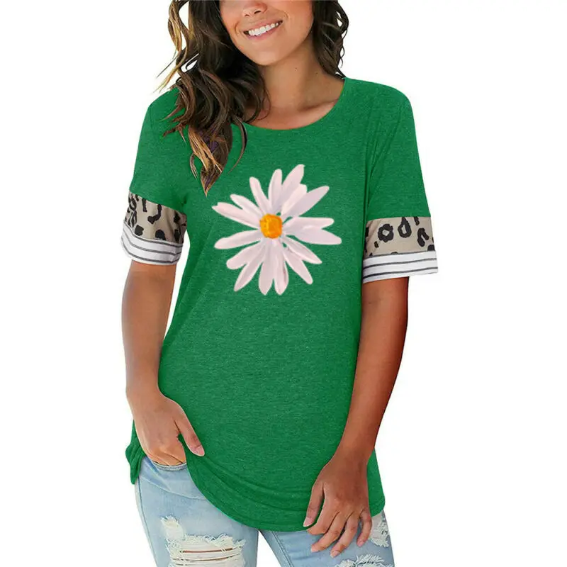 

Summer Women Casual Crew Neck Short Sleeve T Shirt Floral Top Loose Blouse Tunic