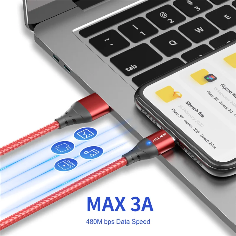 Кабель для зарядки USLION USB Type A/ C/ Micro USB/ Lghting 3A нейлон 0.5/ 1/ 2 м|Кабели мобильных
