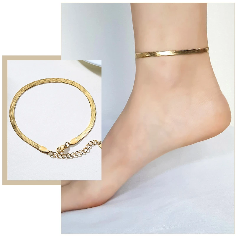 

Casual Flat Snake Chain Anklet for Women Gold Color Metal Adjustable Herringbone Link Chain Holiday Beach Lady Jewelry