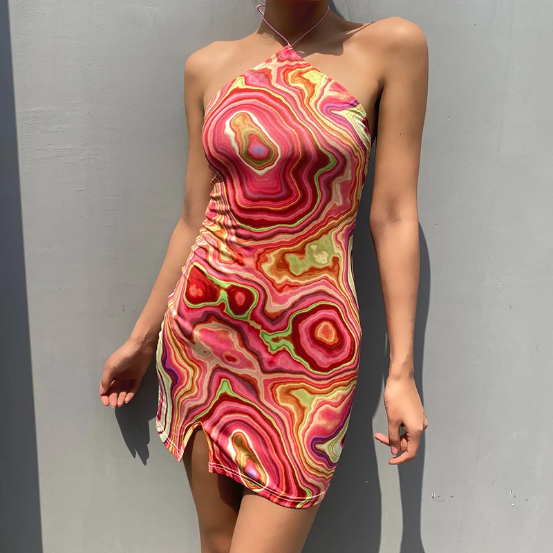 

Summer women's tight-fitting off-the-shoulder split sexy fashion slim dress with multicolor sleeveless print pattern