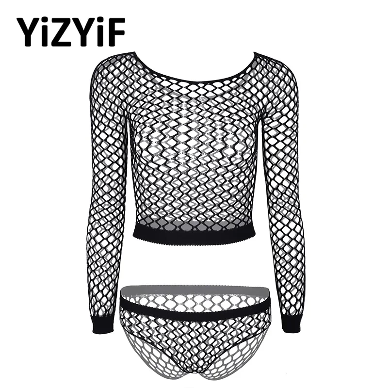 

Women Fishnet Lingerie Sexy babydoll Exotic Sets Hollow Out Bikini Soft Stretchy Lingerie Top with Bottoms Underwear Nightwear