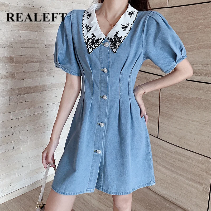 REALEFT новинка 2020 Летний джинсовый сарафан с вышивкой однобортная джинсовая